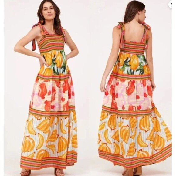 House Of Harlow 1960 Revolve Tropical Fruit Colorful Smocked Tiered Maxi Dress L - Picture 1 of 13